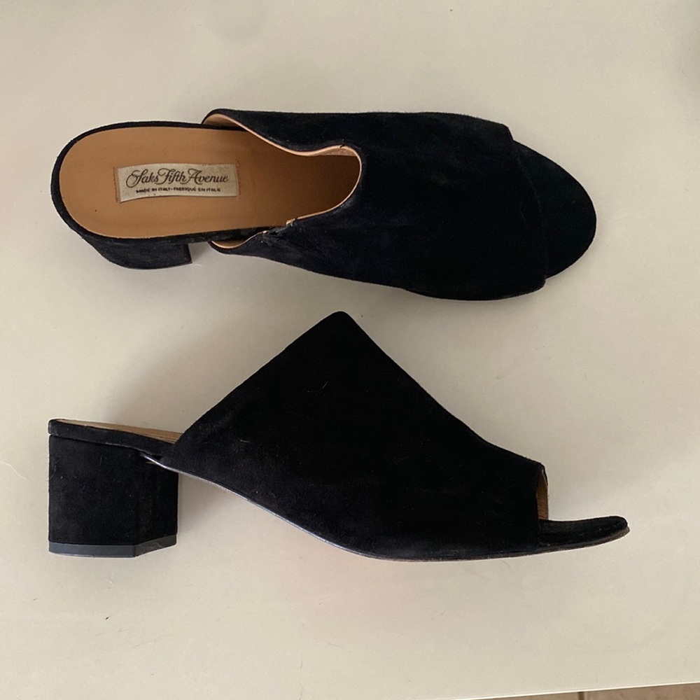 10 Saks Fifth Avenue black suede mule slides. Barely worn.